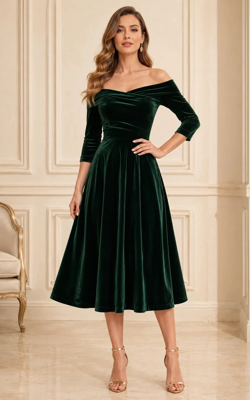 Robe mi-longue en velours vert foncé à épaules dénudées et manches longues, coupe trapèze, longueur thé