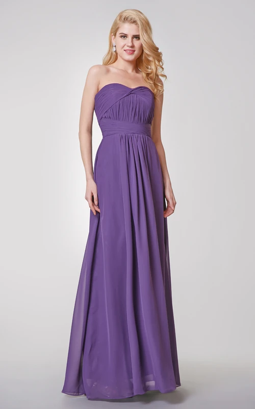 Vestido largo de gasa fruncido con escote corazón y corte en A