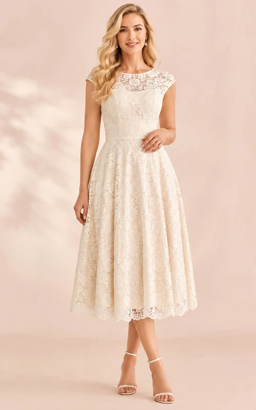 Cameo Lace Ivory A-Line Tea-Length Bateau Short-Sleeve Vintage Guest Dress