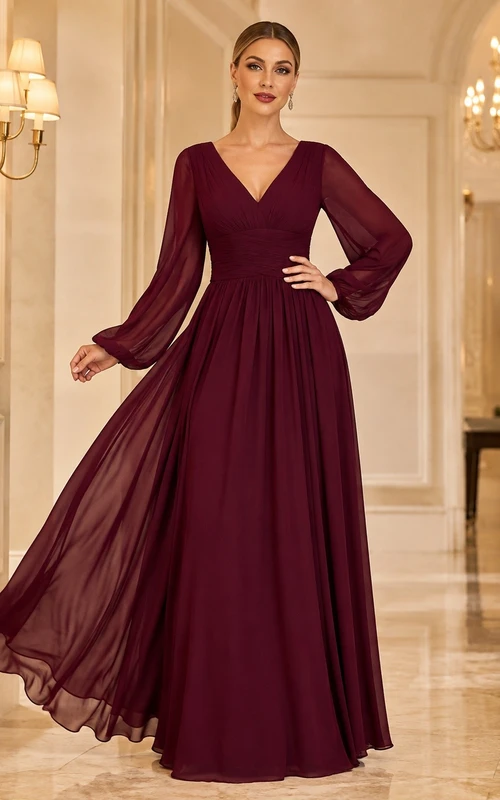 Vestido largo de gasa color burdeos con escote en V, mangas acampanadas y corte en A, estilo romántico y elegante.