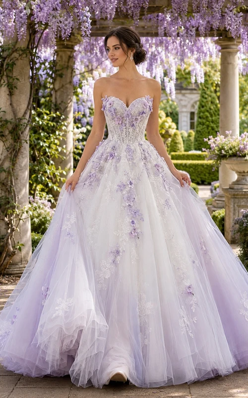 Lavendelfarbenes, geblümtes Ballkleid aus Tüll, trägerlos, mit Kathedralenschleppe, romantisch