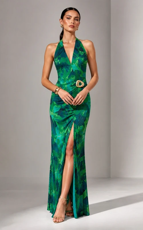 Emerald Blue Floral Halter Sleeveless Chiffon Split Front Evening Dress