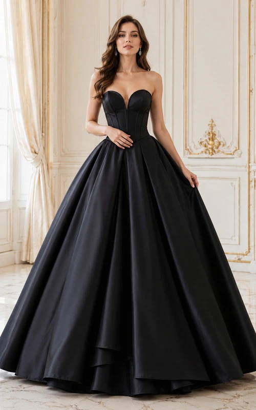 Vestido de fiesta largo hasta el suelo con cola, de satén negro, sin tirantes, escote corazón, pliegues, escote en V profundo, cremallera en la espalda y falda larga.