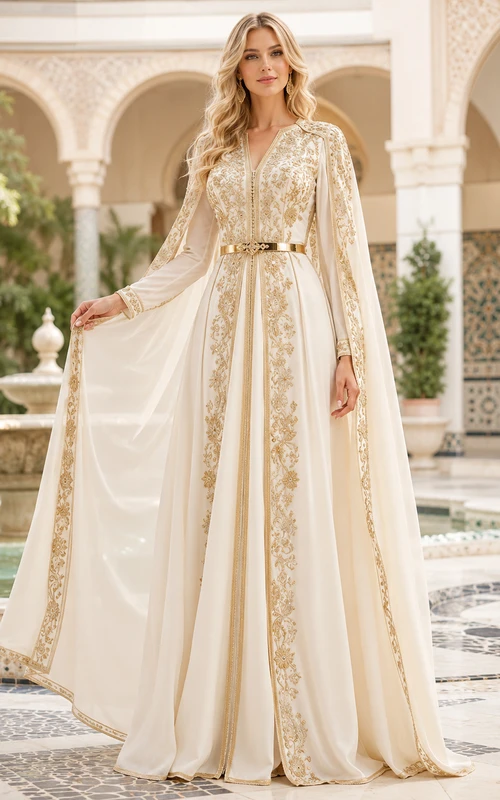 Schlichtes elfenbeinfarbenes, hochgeschlossenes, langärmeliges Abendkleid aus Satin mit goldbesticktem A-Linien-Schnitt und langen Ärmeln.