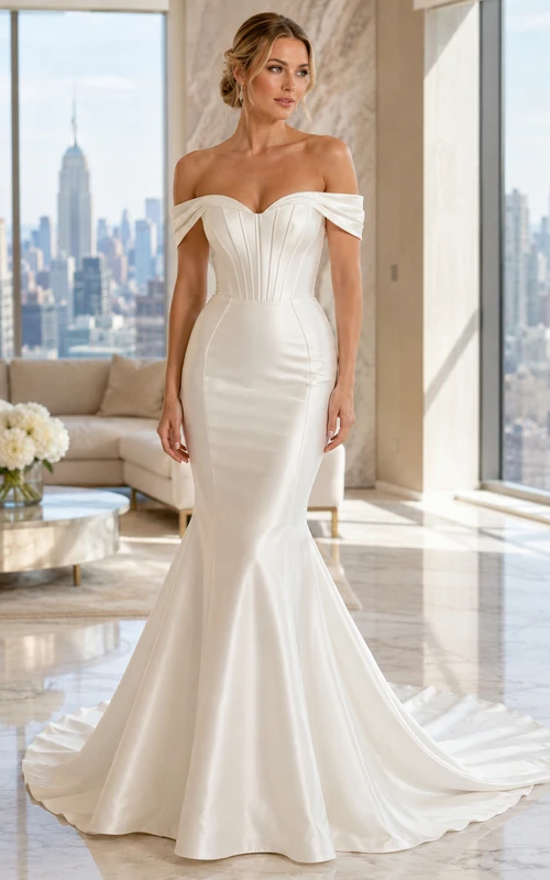 Robe de mariée minimaliste en satin, style sirène, épaules dénudées et traîne courte.