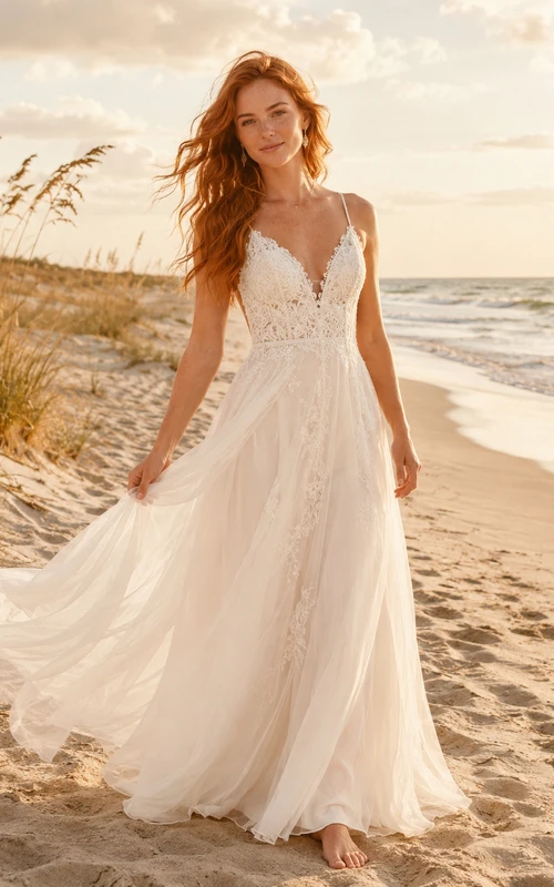 Spaghetti Strap Lace Bodice Beach Bridal A Line Gown