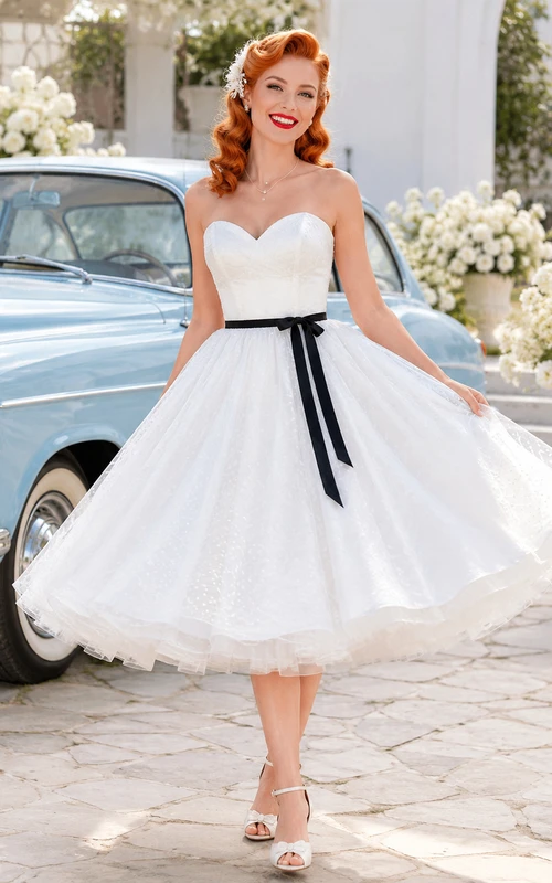 Retro Sweetheart Sash Tulle Tea-Length A-Line Wedding Dress