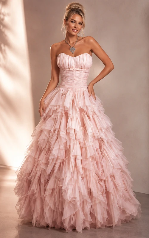 Magnifiques robes de bal en tulle à décolleté cœur et volants, longueur au sol