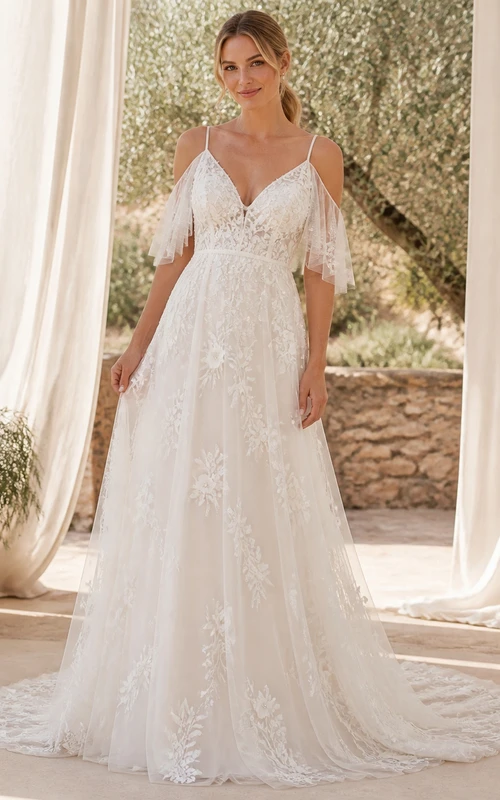 Vestido de novia romántico de encaje con escote palabra de honor y corte en A.