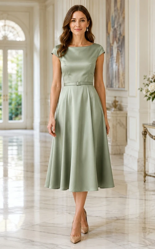 Robe midi élégante en satin sauge, col rond, manches courtes, coupe trapèze, longueur thé