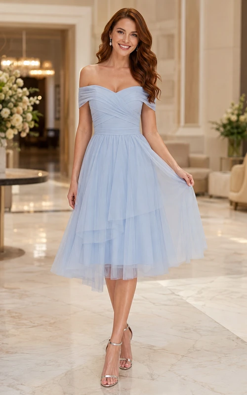 Sky Blue Off-the-shoulder Tulle Cocktail Dress