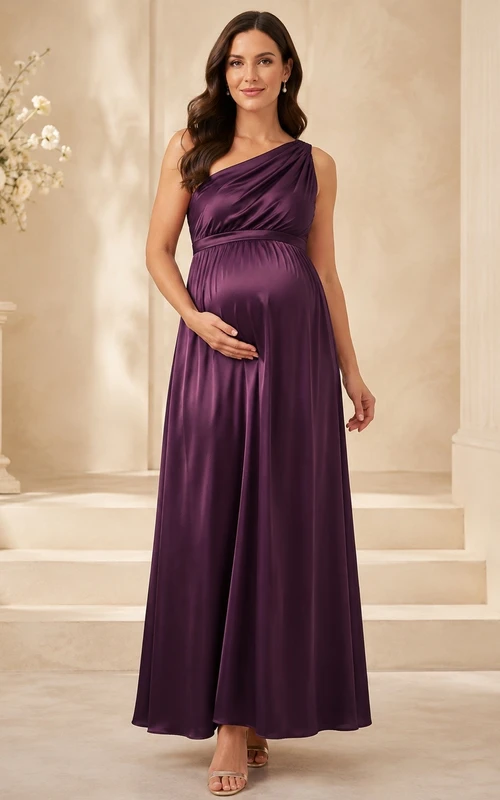 Purple Satin Maternity One-Shoulder Empire Floor-Length Occasion Dress