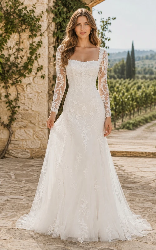 Robe de mariée sirène en dentelle à col carré et manches longues illusion