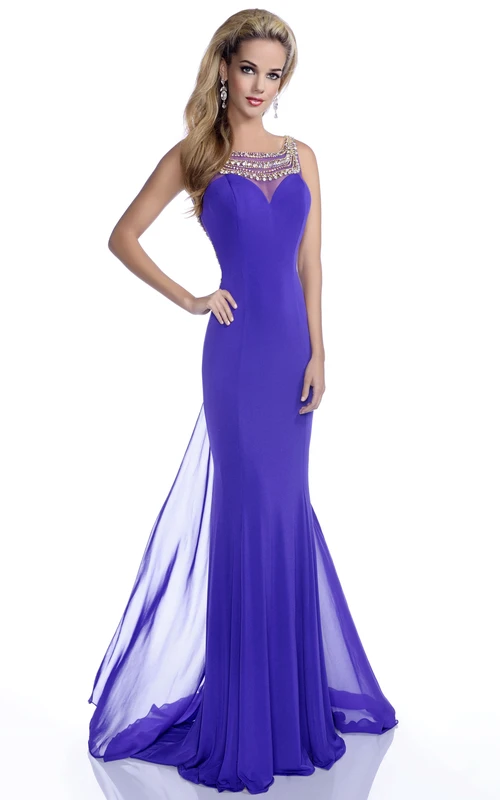 Ärmelloses Meerjungfrauen-Chiffon-Abendkleid mit U-Boot-Ausschnitt und juwelenbesetztem Rücken