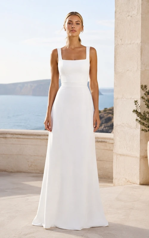 White Square Neck Straps Sleeveless Sheath Floor-Length Dress