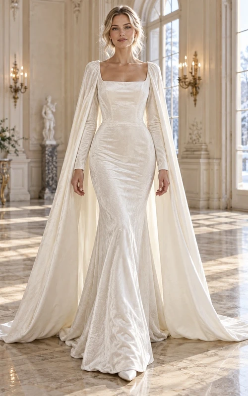 Mermaid Long Sleeve Square Neck Winter Smooth Velvet Cape Wedding Dress