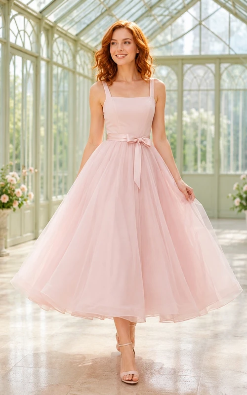 Blush Spaghetti Strap Square Neck Bow Tulle Tea-Length Ball Gown Bridesmaid Dress