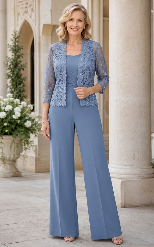 Conjunto de pantalón azul acero Mother con chaqueta bolero de encaje, top de escote redondo y pantalón de pierna ancha.