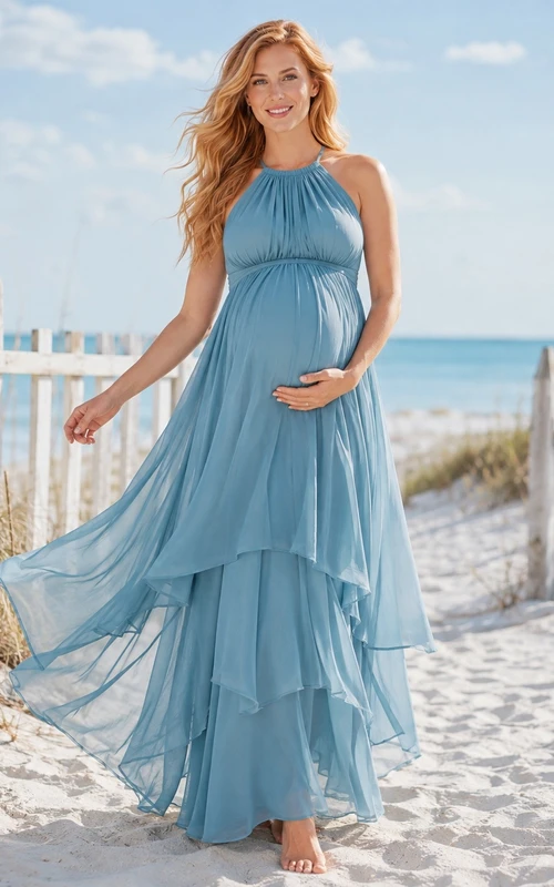 Ocean Blue Halter Sleeveless Tiered Maternity Chiffon Maxi Dress