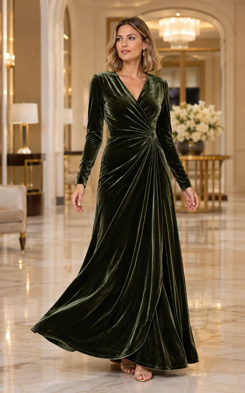 Dark Green V-Neck Long-Sleeve Ruched Velvet A-Line Floor Evening Gown