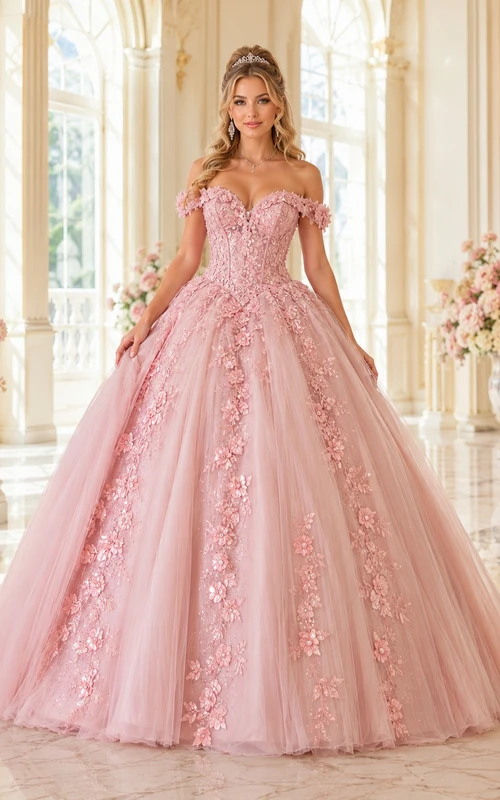 Off Shoulder Floral Tulle Ball Gown Blushing Pink Quinceanera Dress