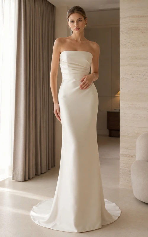 Robe de mariée sirène en satin, bustier, col droit, longueur au sol