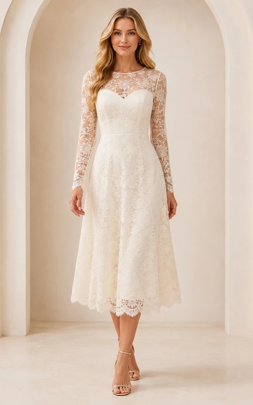 Robe de mariée vintage à encolure arrondie, manches longues, dentelle, coupe trapèze, style thé, style courtoisie