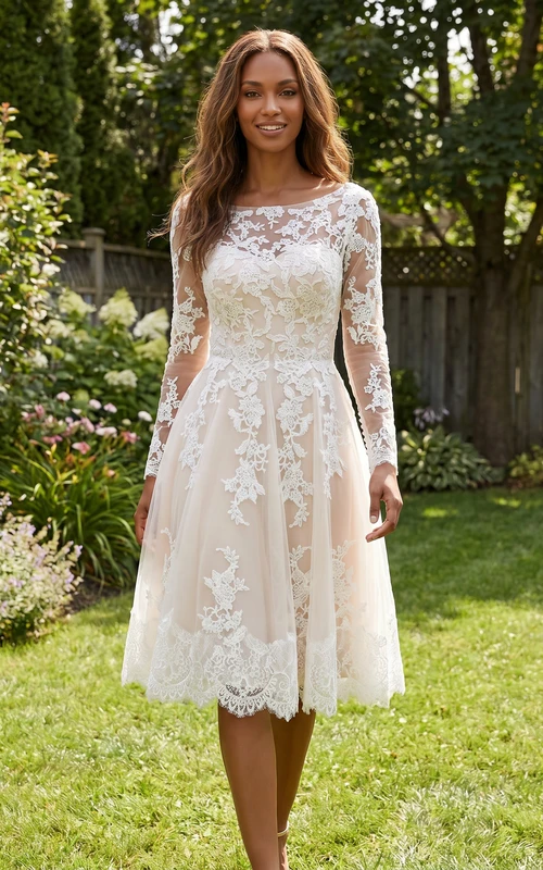 Vestido de novia vintage de corte A con cuello joya, apliques de encaje y mangas largas hasta la rodilla
