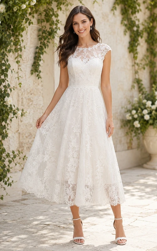 Romantic Lace Short Sleeve A Line Tea Length Bridal Reception Wedding Dress
