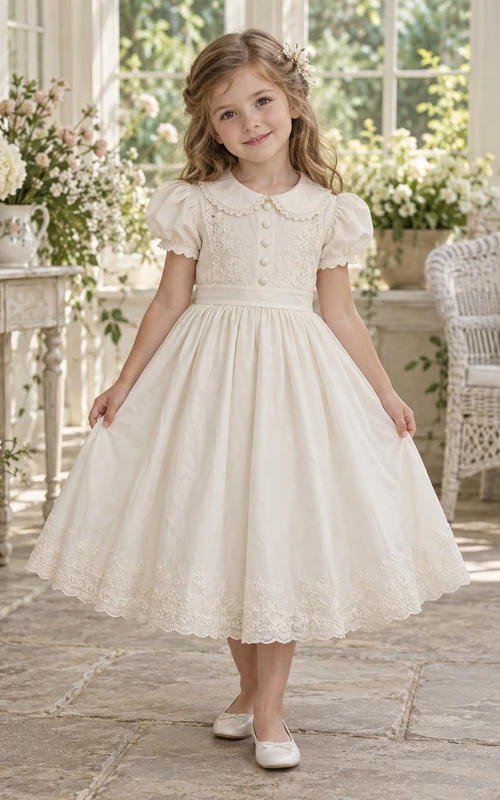 Vestido de niña de flores vintage de corte A con encaje floral color marfil, mangas abullonadas y cuello Peter Pan, hasta la rodilla.
