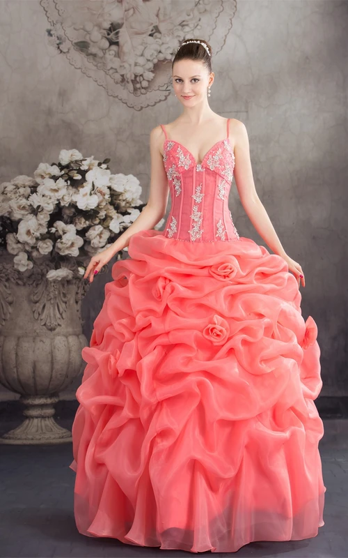 Spaghetti-Strap Ruffled Spaghetti Straps and Ball-Gown With Appliques