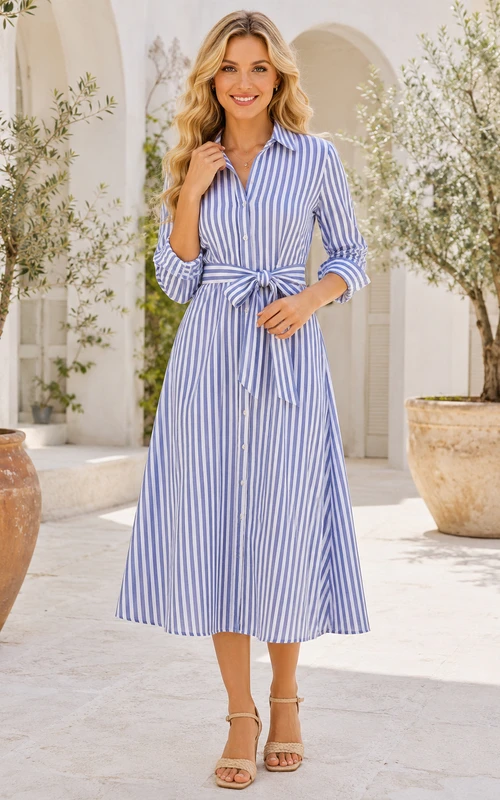 Blue Striped Shirt Collar Belted Summer Midi Dress
