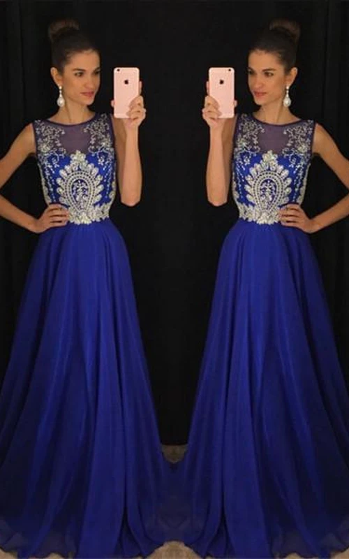 Wunderschönes, dunkelkönigsblaues, ärmelloses Abendkleid aus langem Chiffon mit Applikationen und Perlenstickerei
