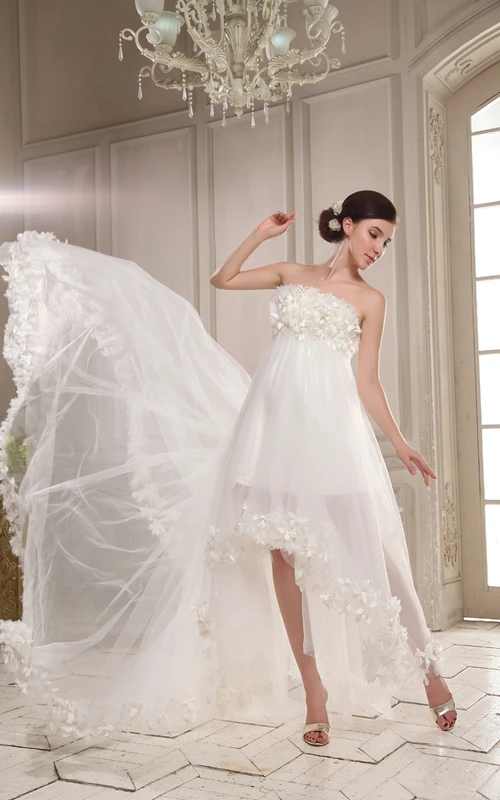 Strapless High-Low Pleating First Communion Dress With Flowers