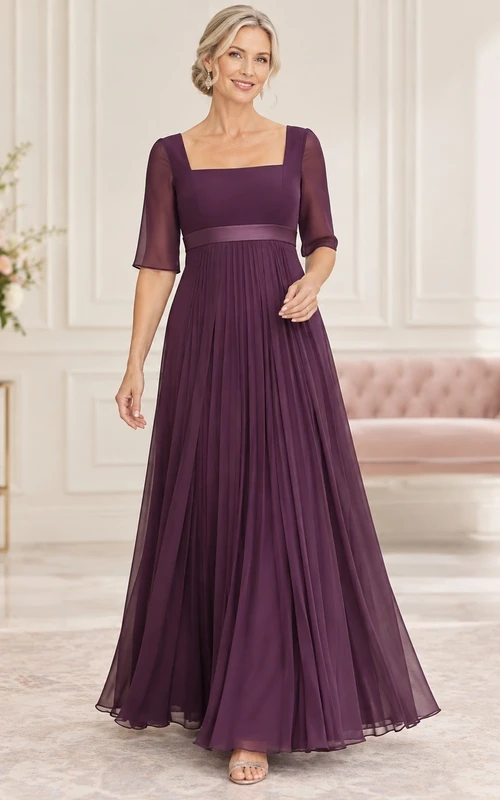 Vestido de gasa plisada de corte imperio, largo hasta el suelo, con escote cuadrado y mangas tres cuartos, color ciruela, ideal para la madre de la novia.
