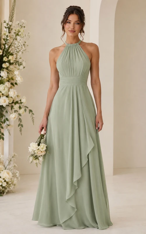 Sage Halter A-Line Chiffon Bridesmaid Dress with Cascade Drape