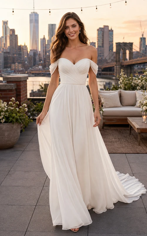 Robe de mariée romantique d'été en mousseline, élégante, épaules dénudées, coupe trapèze, idéale pour un mariage sur un toit-terrasse.