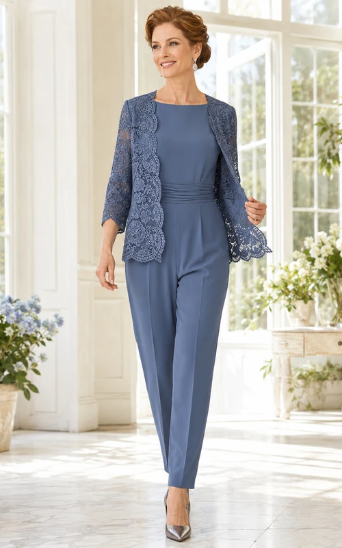 Stahlblauer Jumpsuit „Mother“ mit Jacke aus Spitze am Rundhalsausschnitt und knöchellanger Hose
