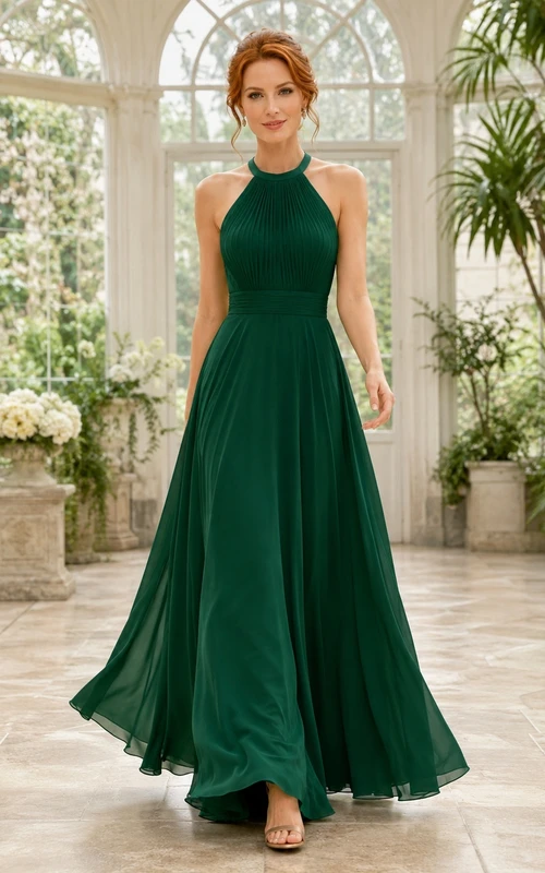Emerald Halter Chiffon A-Line Floor-length Flowing Formal Evening Gown