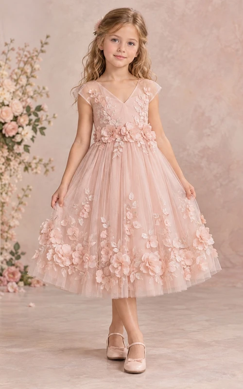 Tea-length Blush V-neck Cap Sleeve Raised Floral Border Tulle Flower Girl Dress