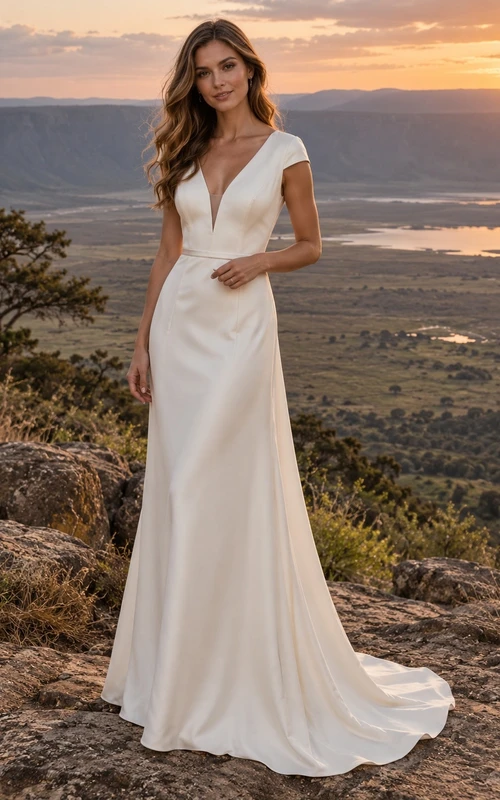 Vestido de novia sencillo de satén con escote en V, mangas cortas y espalda descubierta.