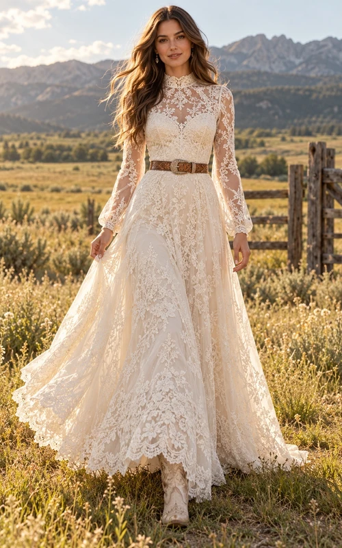 Country Western High-low High Neck Bell Sleeve Lace Wedding Dress