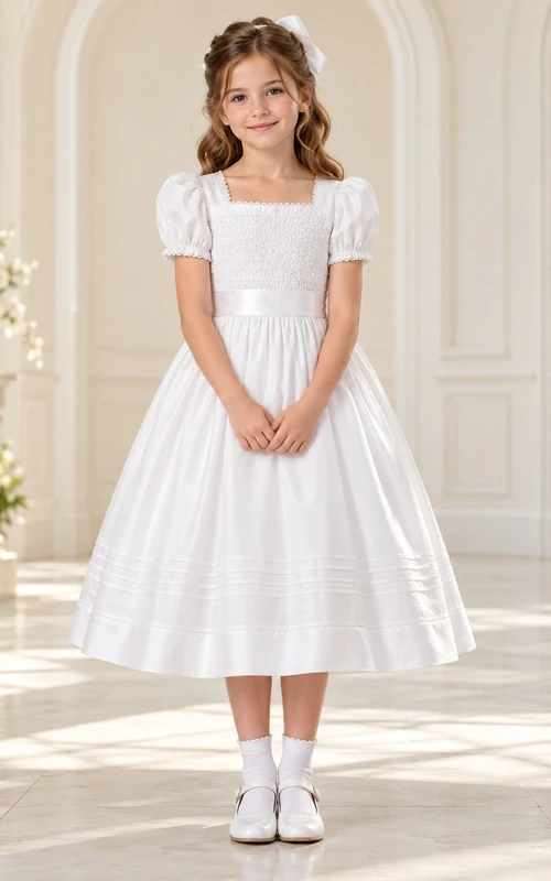 Square Neck Tea-length White Smocked Puff Sleeve Tucked Communion Dress