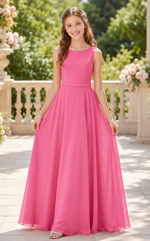 Vestido de dama de honor juvenil rosa caramelo, corte en A, largo hasta el suelo, sin mangas, detalle de espalda en V, romántico.