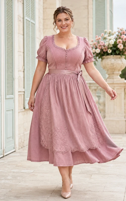 Vestido formal romántico de talla grande color rosa empolvado con encaje, largo hasta la rodilla y mangas abullonadas.