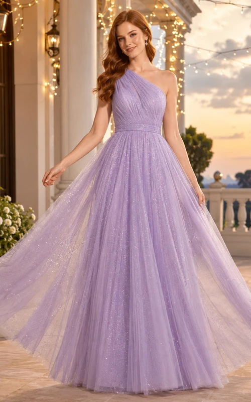 Lavendelfarbenes, schulterfreies, glitzerndes Tüll-Abendkleid in A-Linie