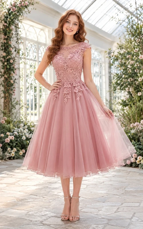 Kleid in Altrosa mit Spitze, Tüll, Falten, One-Shoulder-Ausschnitt, A-Linie und Teelänge