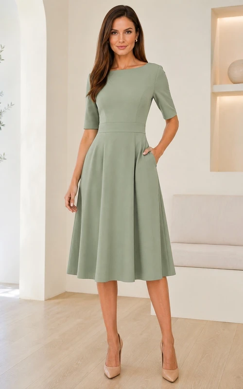 Salbeigrünes, eckiges A-Linien-Midikleid aus Satin mit kurzen Ärmeln und kurzen Ärmeln