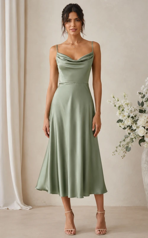 Robe fourreau en satin à plis, longueur thé, col bénitier