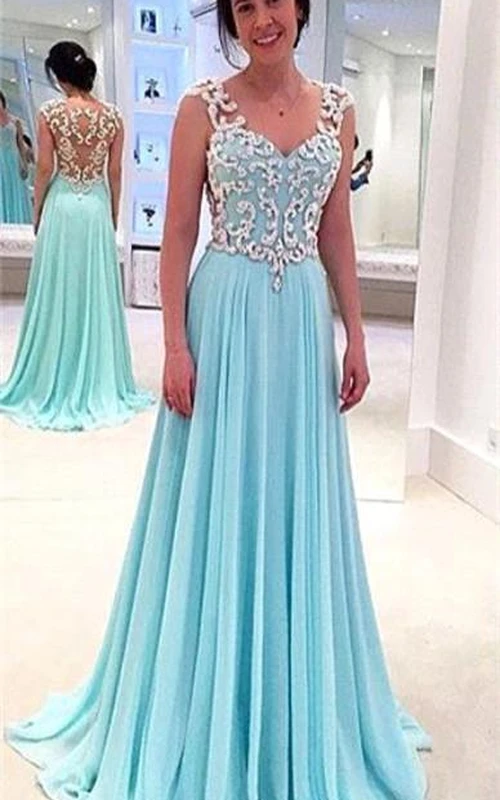 Neuestes Chiffon-Abendkleid mit Spitzenapplikationen und A-Linien-Trägern